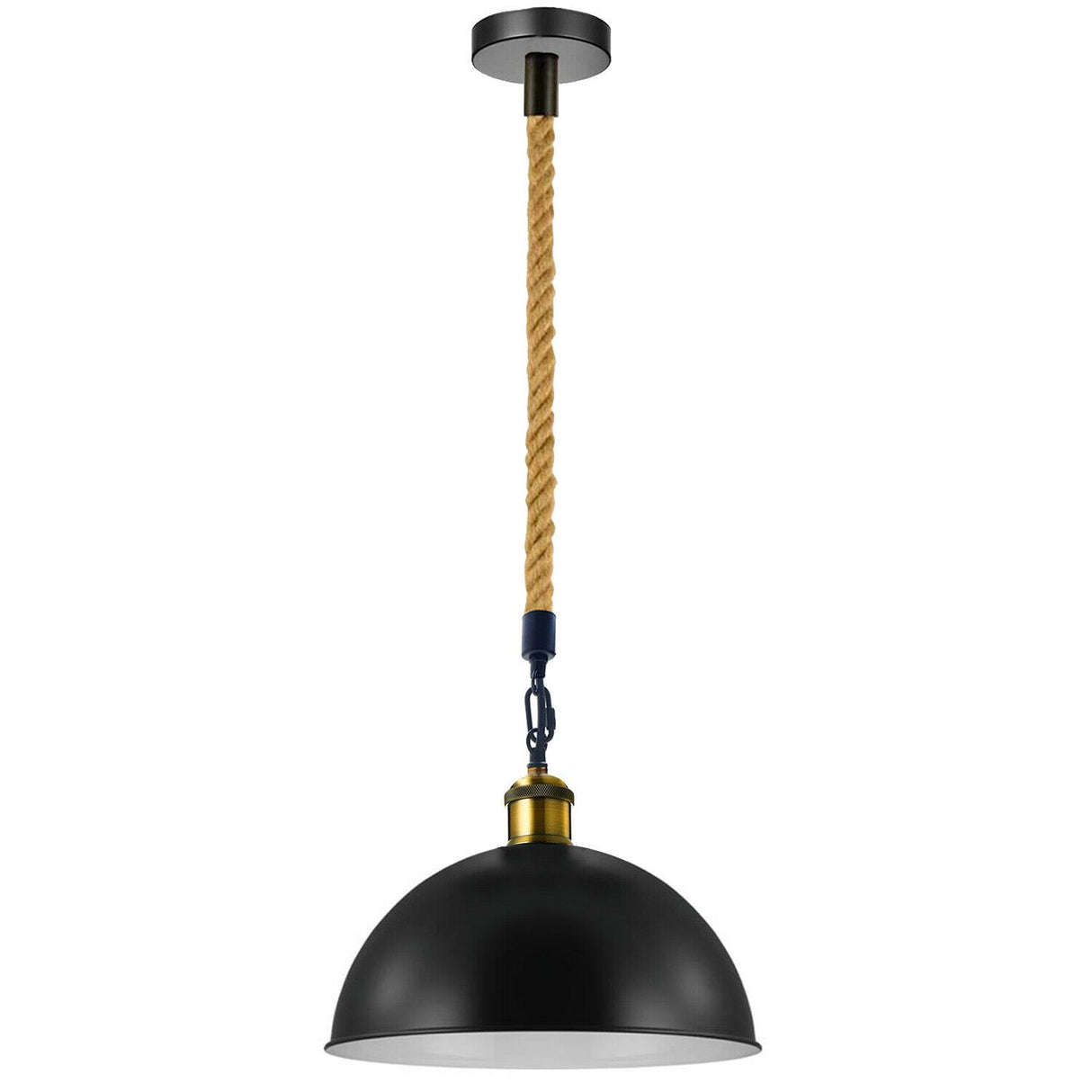 Black pendant light with a hemp rope hanging on a white background