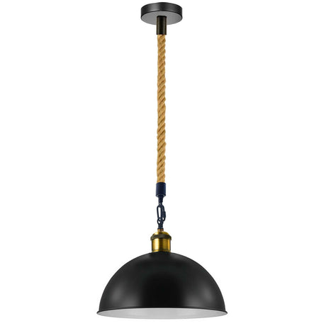 Black pendant light with a hemp rope hanging on a white background