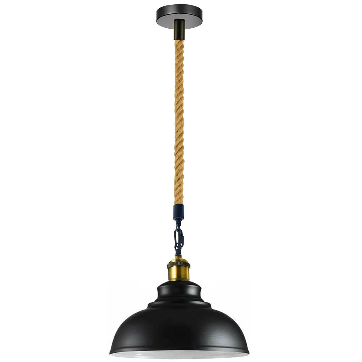 Black pendant light with a hemp rope cord on a white background