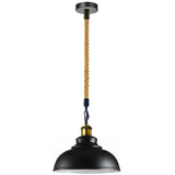 Black pendant light with a hemp rope cord on a white background