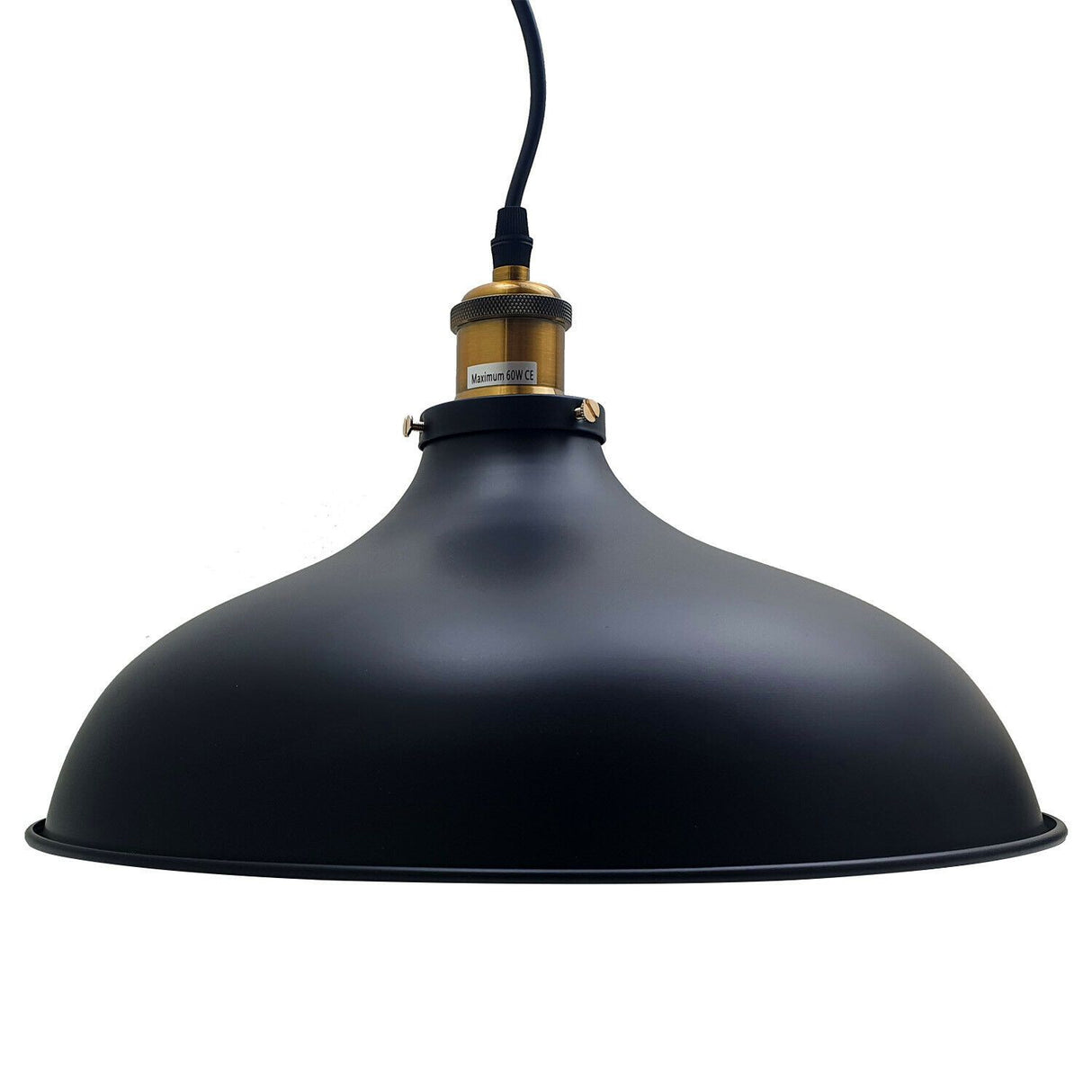 Black pendant light with gold fitting on a white background