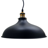 Black pendant light with gold fitting on a white background