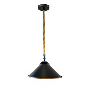 Black pendant light with a hemp rope on a white background