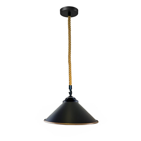 Black pendant light with a hemp rope on a white background