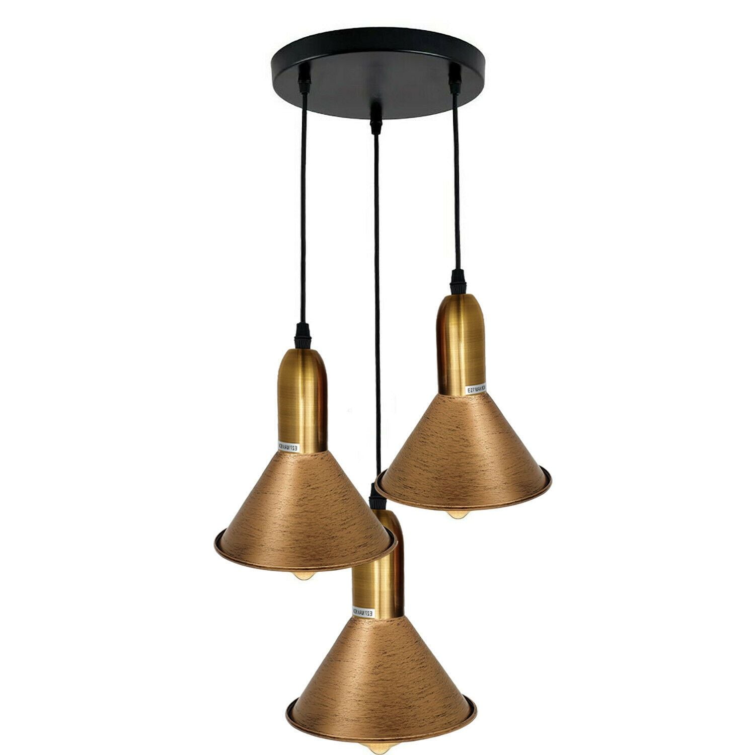 Three gold pendant lights hanging from a black ceiling fixture on a white background