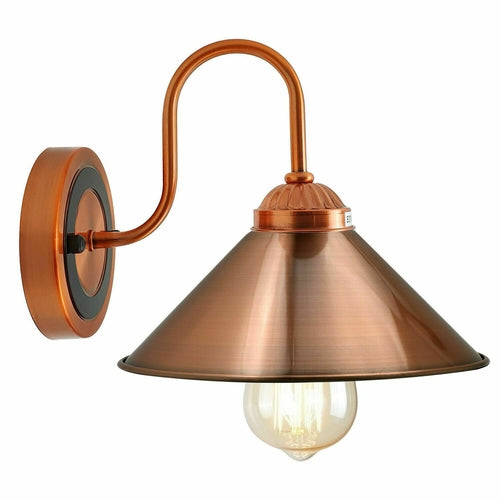 Copper wall-mounted light fixture with a visible bulb on a white background