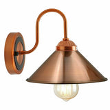 Copper wall-mounted light fixture with a visible bulb on a white background