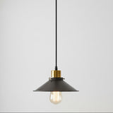Pendant light with black shade and gold accent on a white background