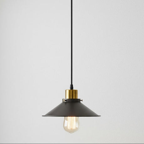 Pendant light with black shade and gold accent on a white background