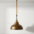 Vintage-style pendant light with a shade and rope cord on a white background