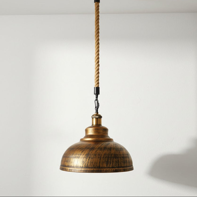 Vintage-style pendant light with a shade and rope cord on a white background