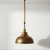 Vintage-style pendant light with a shade and rope cord on a white background