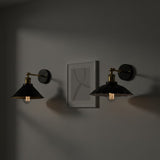 Two wall-mounted lights on a dark wall with a framed picture in the center.