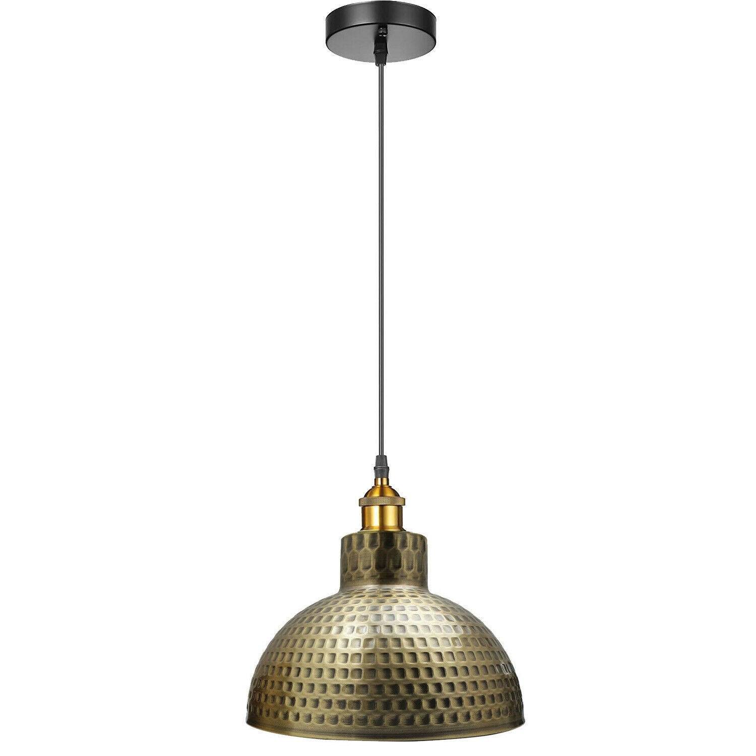 Bronze pendant light with textured design on a white background