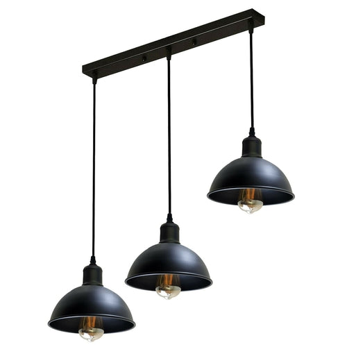 Black pendant light fixture with three hanging lights on a white background