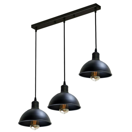 Black pendant light fixture with three hanging lights on a white background