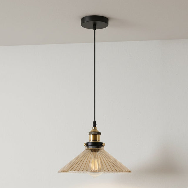 Pendant light with pleated glass shade on a white background