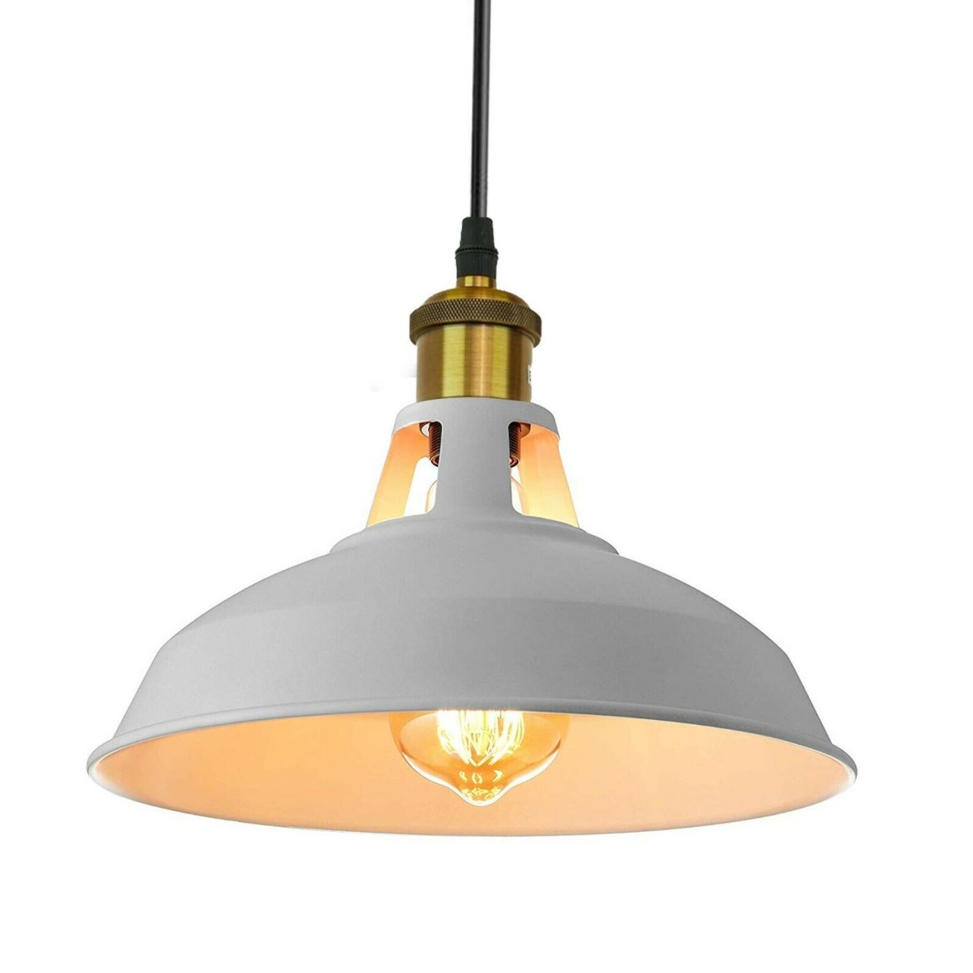 Gray pendant light with a visible bulb on a white background

