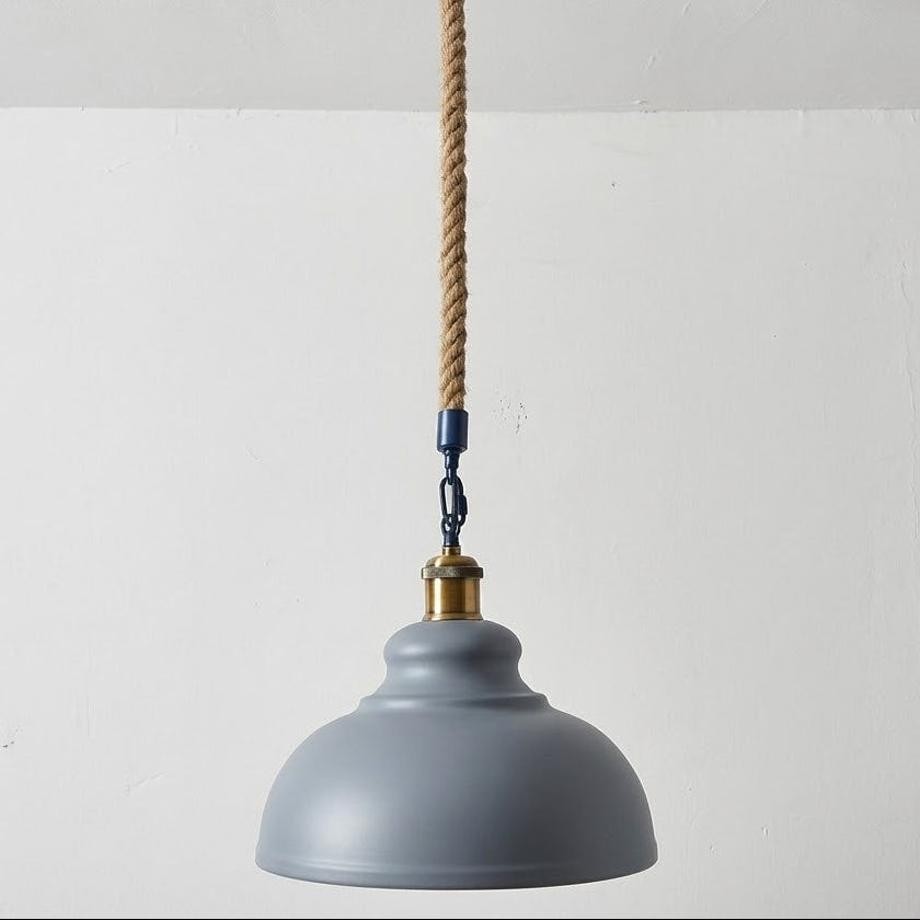Gray pendant light with a rope cord on a white background