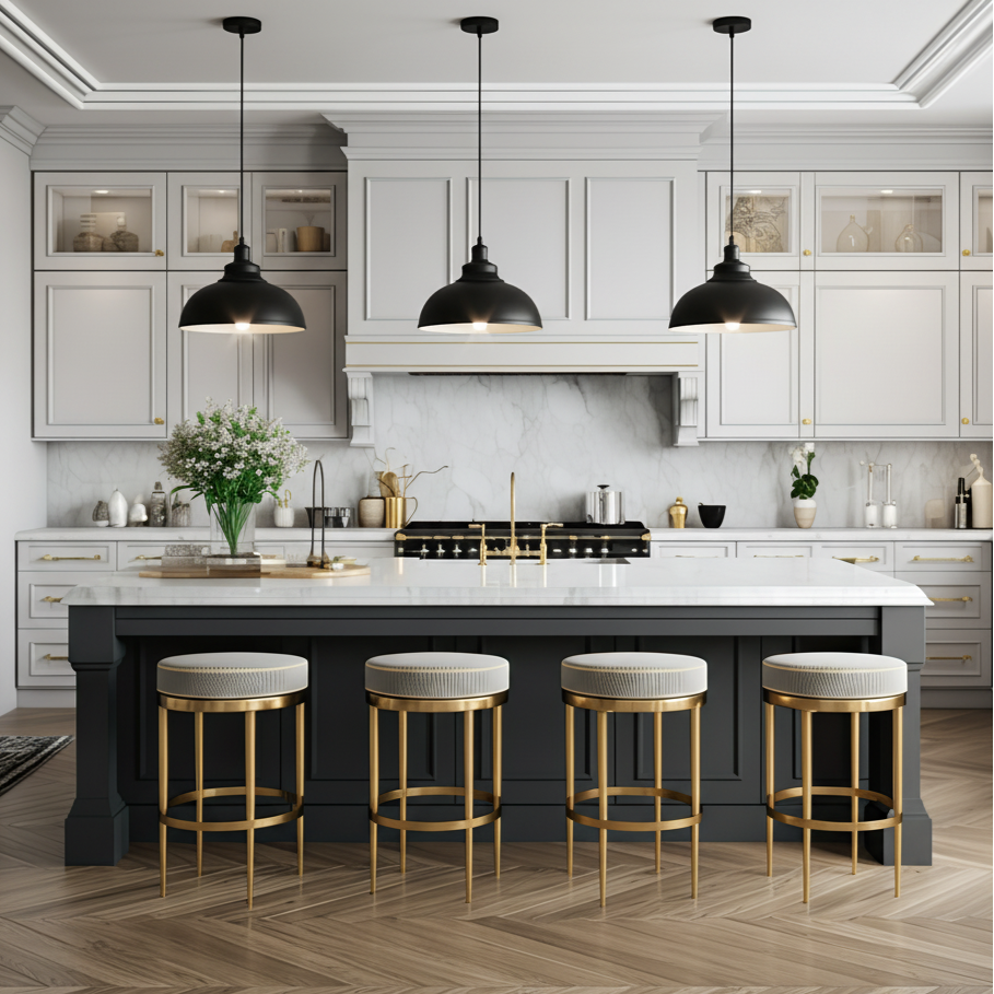 Black metal pendant lights with modern industrial design, ceiling hanging fixture for kitchen or dining room.