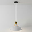 Pendant light with grey shade and gold fitting on a plain background
