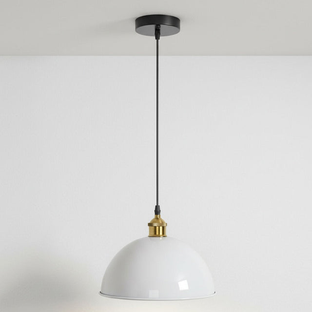 White pendant light with gold accent on a white background