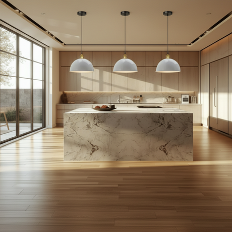 Modern kitchen with marble island and pendant lights