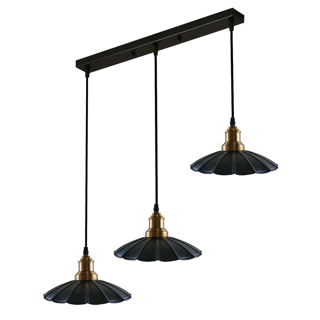 Three pendant lights with black and gold design on a white background