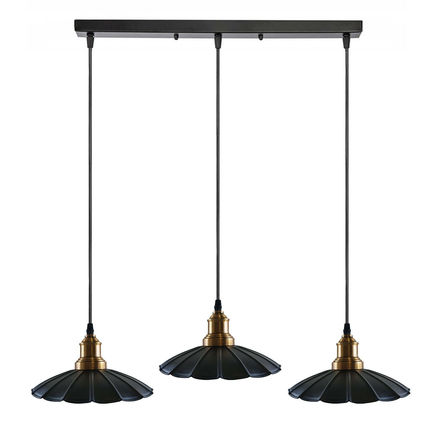 Three pendant lights with black and gold design on a white background