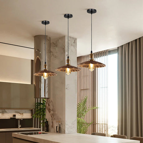 Modern kitchen with pendant lights and a view of the outdoors