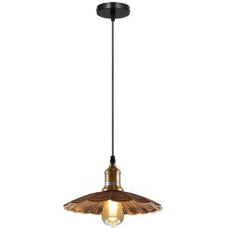 Pendant light with wooden shade and visible bulb on a white background