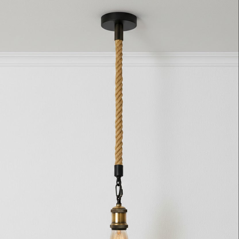 Ceiling light fixture with braided rope design and exposed bulb on a white background