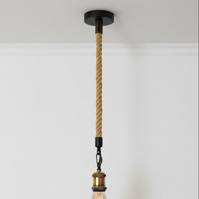 Ceiling light fixture with braided rope design and exposed bulb on a white background