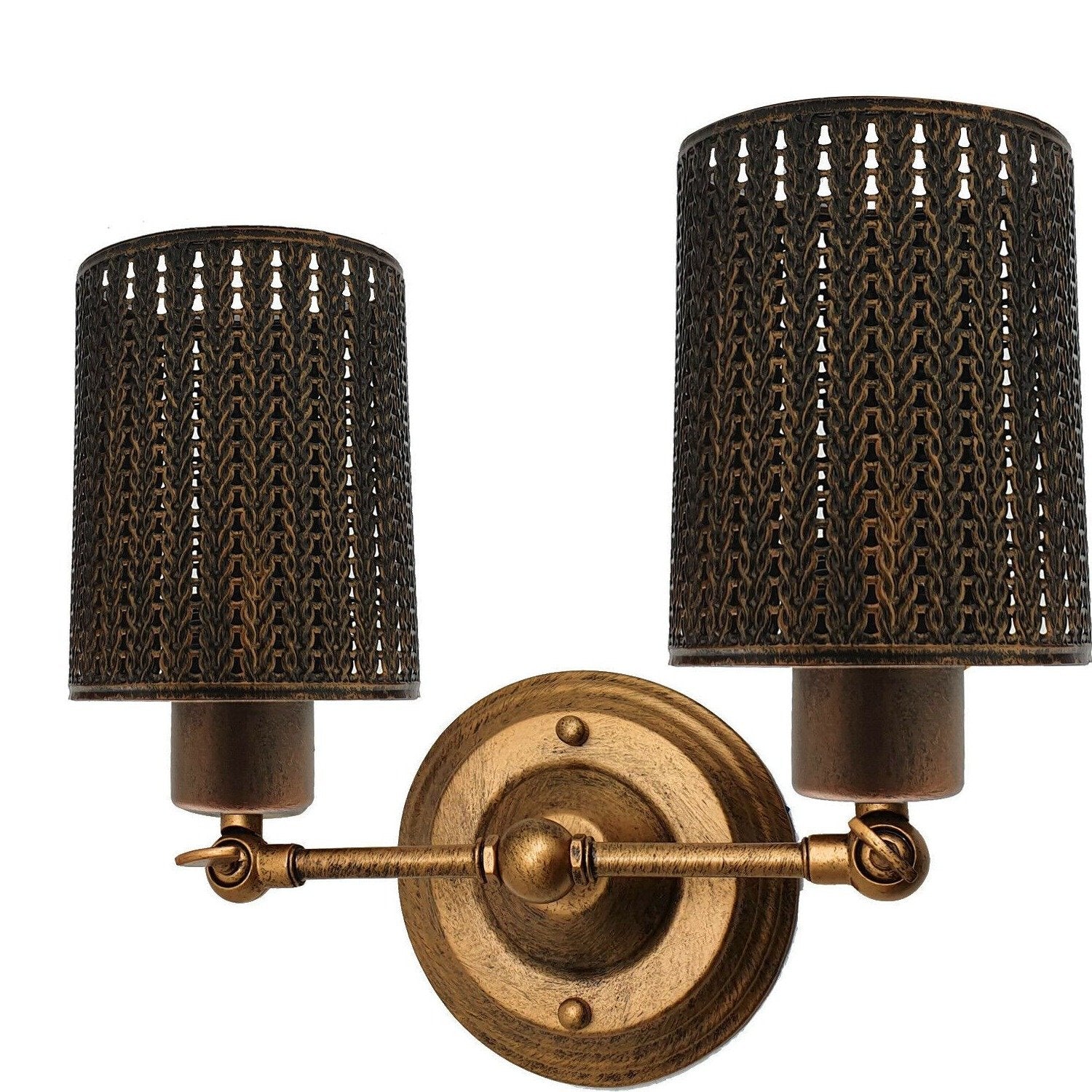 Decorative wall sconce with two lampshades on a white background
