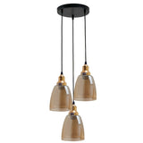 Three-tier pendant light with brown glass shades on a white background