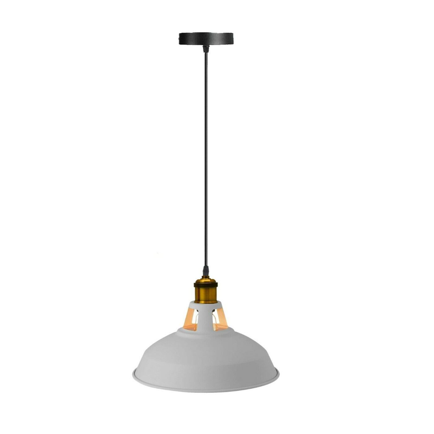 Pendant light with gray shade and black fixture on a white background