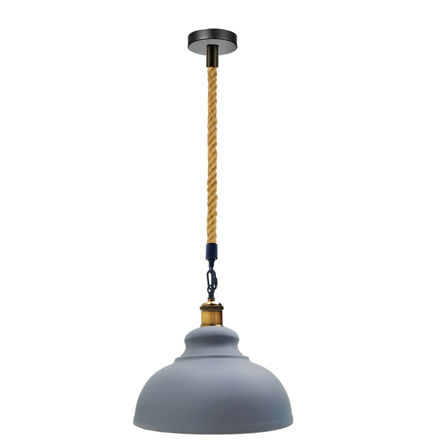Pendant light with gray shade and twisted hemp cord on a white background