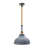 Pendant light with gray shade and twisted hemp cord on a white background