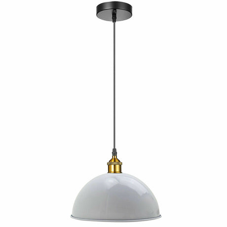 Pendant light with white shade and gold accent on a white background