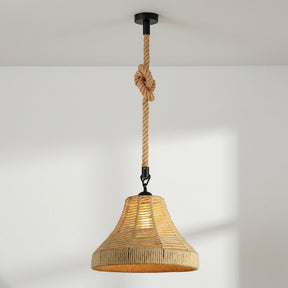 Pendant light with woven shade and rope suspension on a plain background