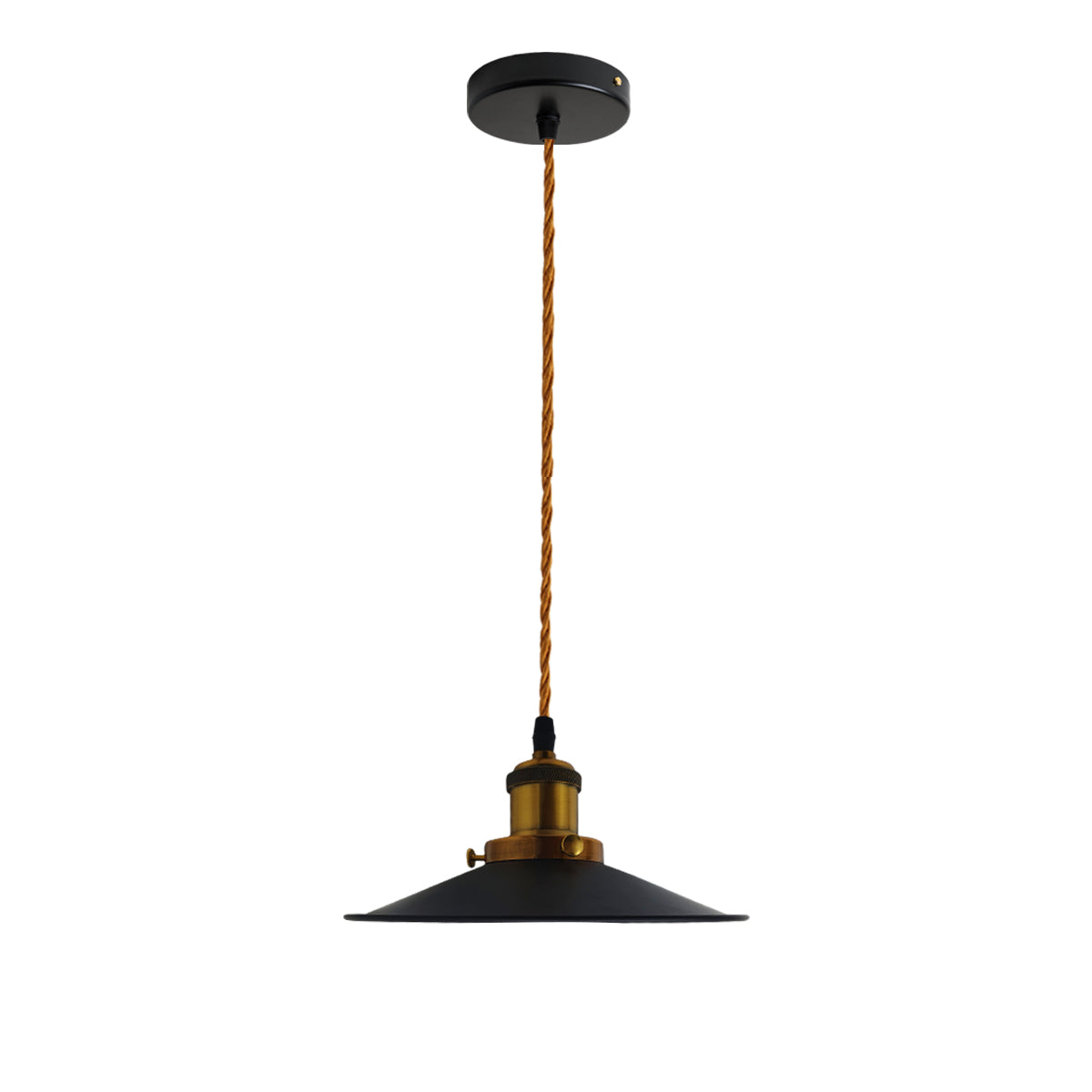 Black pendant light with a braided cord on a white background