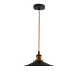 Black pendant light with a braided cord on a white background