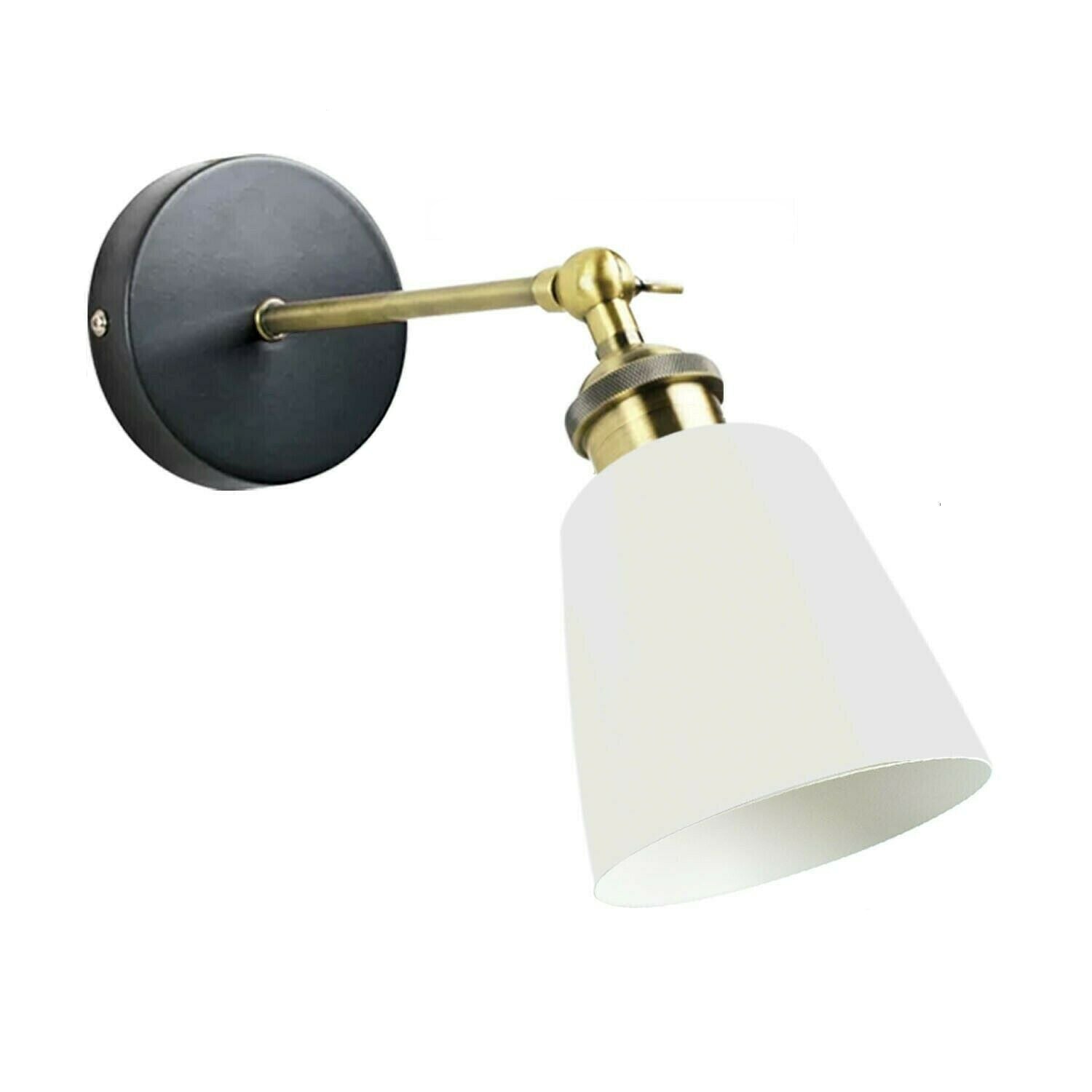 Wall-mounted lamp with white shade and brass arm on a white background
