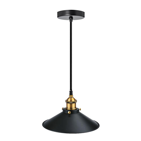 Black pendant light with gold accent on a white background