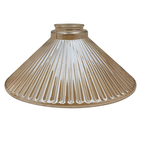 Clear glass lampshade with ribbed design on a white background