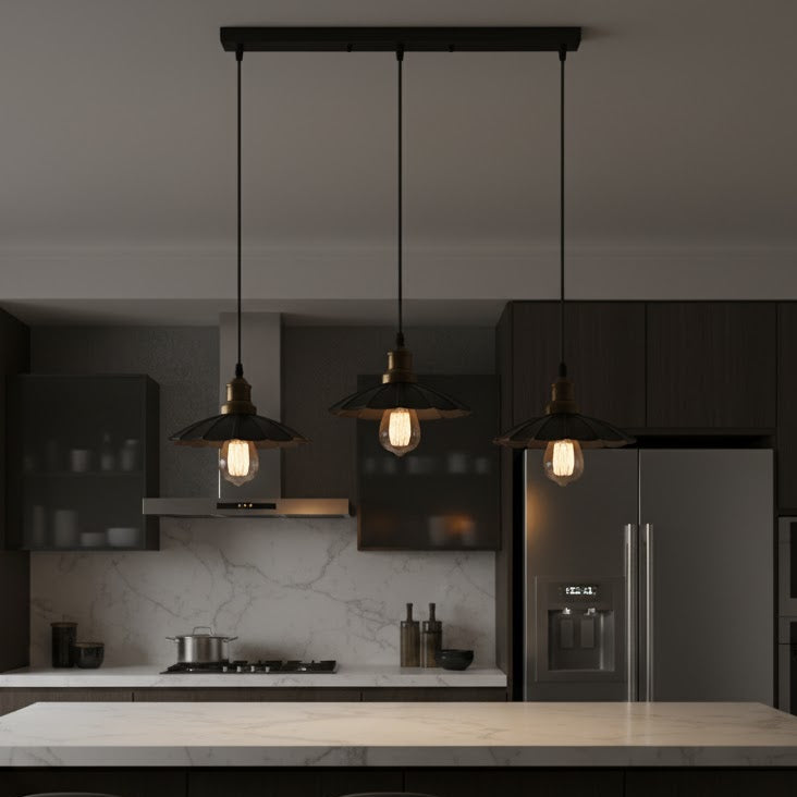 Modern kitchen with pendant lights and dark cabinetry