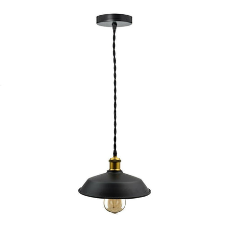 Black pendant light with a gold bulb on a white background