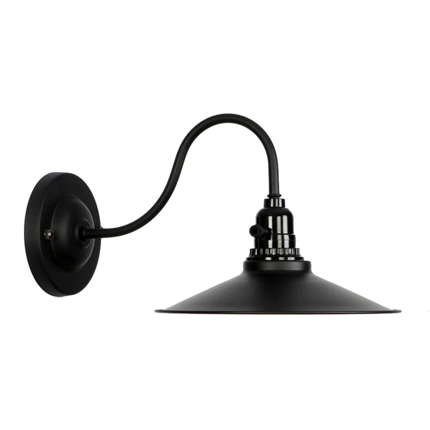 Black wall-mounted lamp with curved arm on a white background
