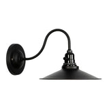 Black wall-mounted lamp with curved arm on a white background