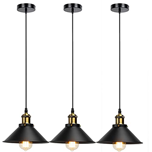 Three black pendant lights with gold accents on a white background